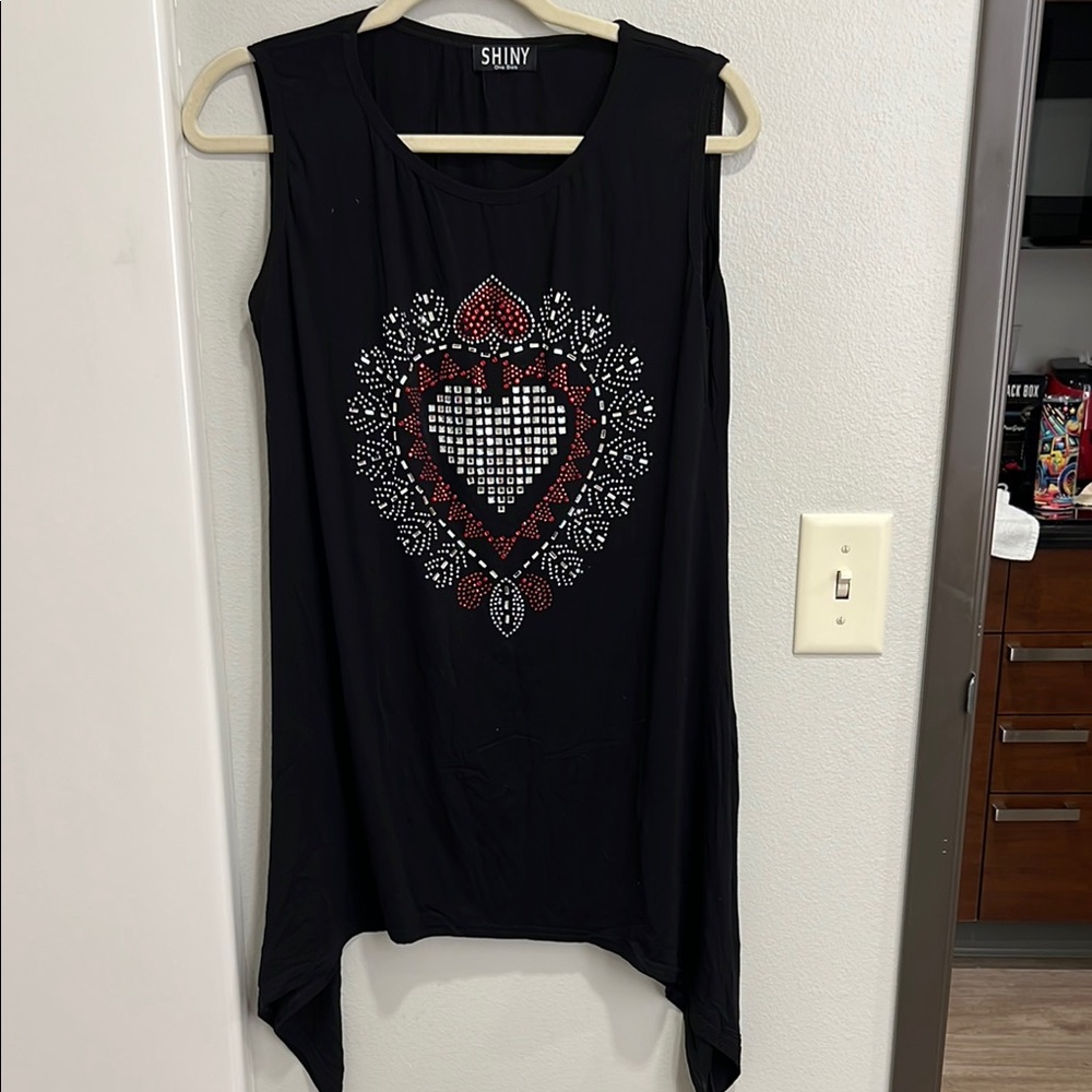 Shiny Black Sleeveless Top with Crystal Heart Design-NWOT